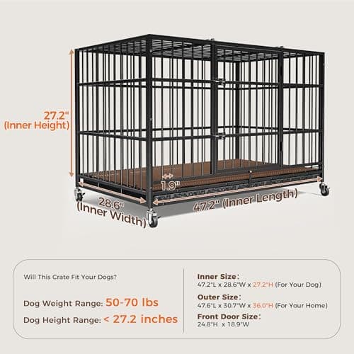 48"/38" Dog Crates for Large Dogs, Upgraded 4 Lockable Wheels, Removable Door, Dog Kennel Indoor, Max Load 300Lbs, Easy to Clean, Removable Tray, XL Dog Cage for Large and Medium Dogs - Image 6