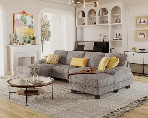 Furmax Sectional Couches for Living Room, U-Shaped Sofa Couch with Linen Fabric, 4 Seat Sofa Set with Double Chaise for Apartment (Fabric, Grey) - Image 6