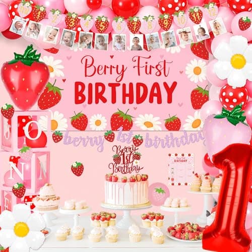 Kriyokiaa Berry First Birthday Decor Strawberry 1st Birthday Decorations for Girls with Balloon Arch, Highchair Banner Strawberry Theme Backdrop, Photo Banner, Cake Topper - Image 5