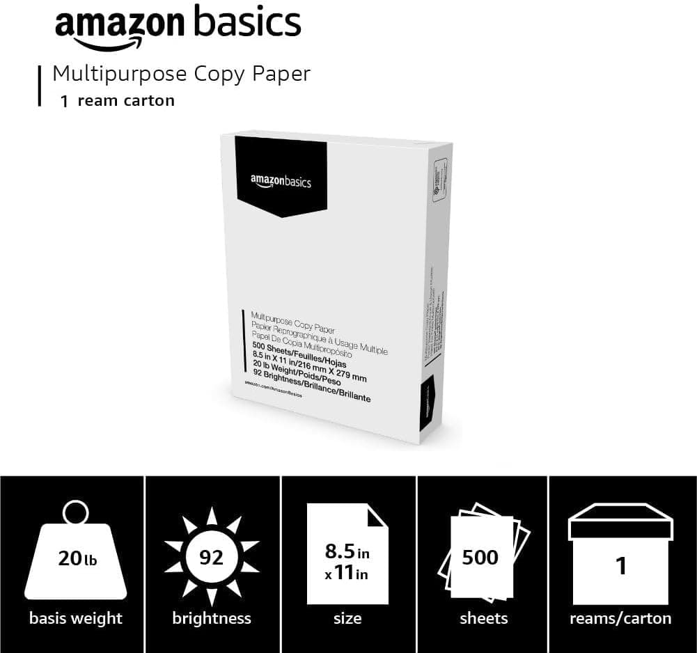 Amazon Basics Multipurpose Copy Printer Paper, 8.5 x 11 Inches, 20 lb, 1 Ream, (500 Sheets), 92 Bright, White 1 Ream | 500 Sheets Letter (8.5x11) - Image 4