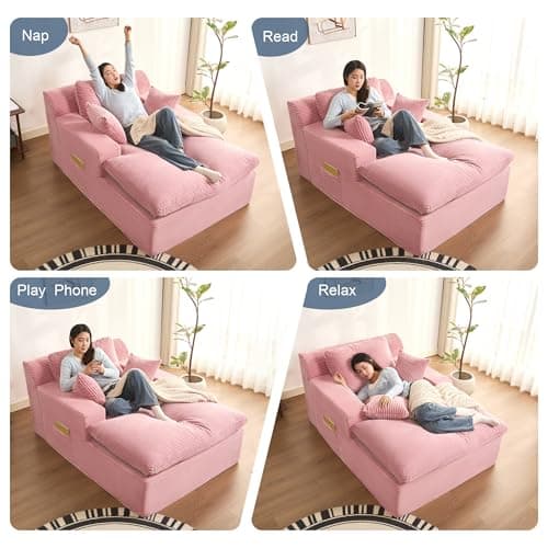 63" Oversized Chaise Lounge Chair Indoor, Extra Cloud Layer, Convertible Sleeper Sofa Couch with Removable Pillows & Side Pockets, Corduroy Upholstered Sofa Bed with Armrests for Living Room, Pink - Image 6