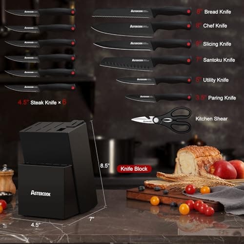 Astercook 15 Piece Knife Set with Sharpener Block - German Stainless Steel, Dishwasher Safe Kitchen Knives with Built-In Sharpener, Black - Image 2