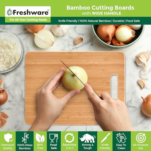Bamboo Cutting Boards for Kitchen [Set of 3] Wood Cutting Board for Chopping Meat, Vegetables, Fruits, Cheese, Knife Friendly Serving Tray with Handles - Image 3