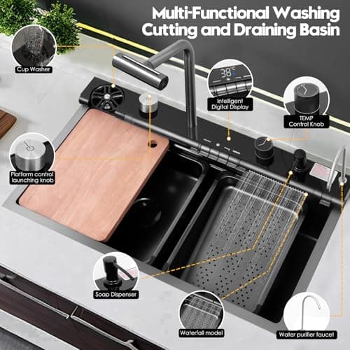 30x18 Dual Waterfall Kitchen Sink,Modern Kitchen Sink with 4 in 1 Faucet,Black Stainless Steel Single Bowl Digital Smart Sink with Pull-Out Faucet,Multifunctional Workstation Sinks with Nano Honeycomb - Image 7