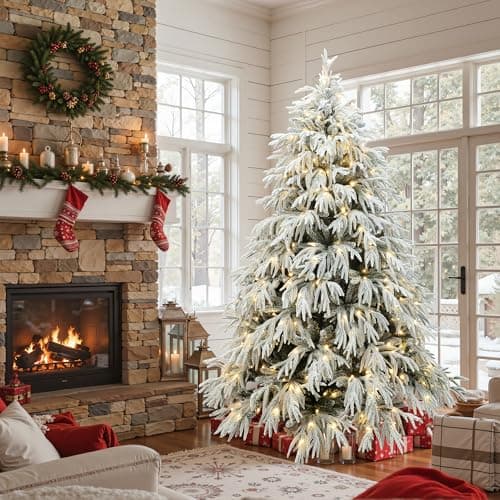 LuxenHome 6.5FT Flocked Artificial Christmas Tree, Spruce Prelit Christmas Trees Flocked with 450 Warm White LED Lights, Realistic Xmas Tree with 4000 PE+PVC Tips for Indoor and Outdoor Xmas Decor - Image 6