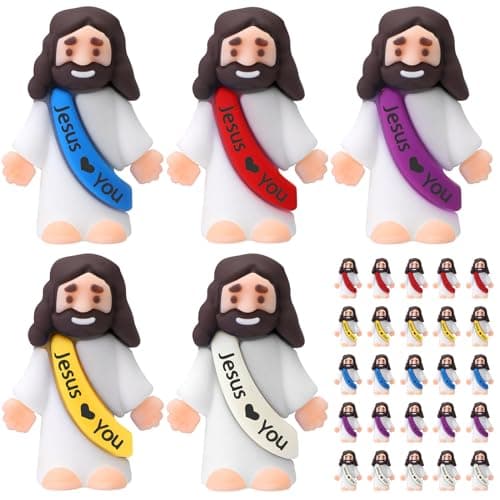 Bememo 25 Pcs Little Jesus Figures Original Design Jesus Love You Mini Rubber Toys to Hide and Seek Religious Party Favors Sunday School Baptism Gifts(Lively Colors)