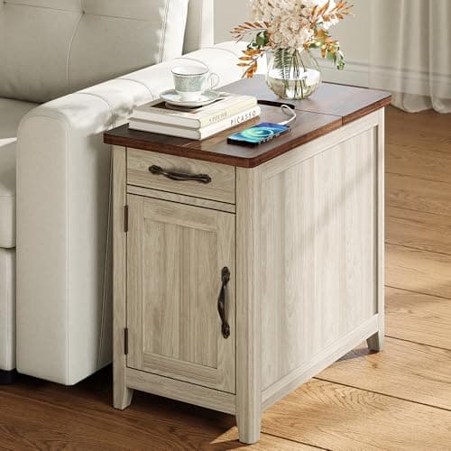 LINSY HOME Farmhouse End Table with Charging Station, Narrow Side Table for Living Room, Sofa Side Table with Drawer and Storage Cabinet, Small Nightstand for Home Office - Image 2