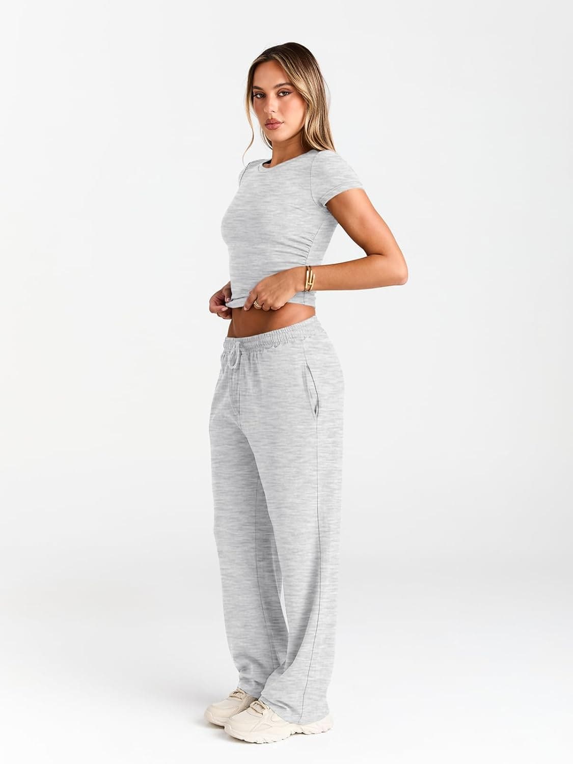 Trendy Queen 2 Piece Matching Summer Sweatsuit Lounge Set Womens Wide Leg Pants Side Ruching Crop Top Sets Oatmeal Grey Medium - Image 4