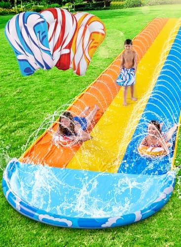 Sloosh 22.5ft x 82in Waves Triple Lawn Water Slide,Heavy Duty Lawn Water s with 3 Body Boards and Slip Sprinkler for Kids Adults Backyard Summer Outdoor