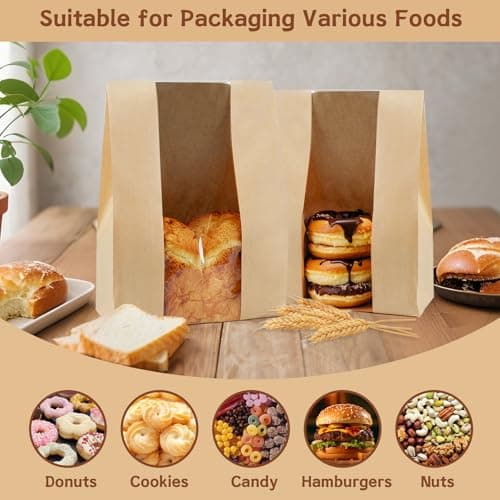 100 Pack Large 14x8.3x3.5in Bread Bags for Homemade Bread, Kraft Paper Bakery Bags with Clear Window & Tin Tie Lock, Thicker Cookie & Snack Storage Bags, Includes 100 Sealing Stickers - Image 4