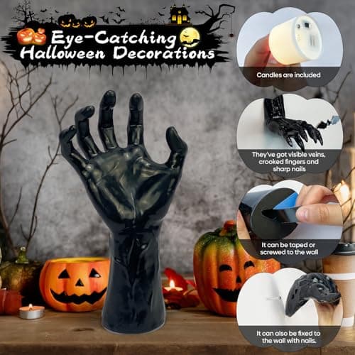 Halloween Decor Indoor, 4 Packs Creepy Reaching Hands with LED Candles, Life-Sized Gothic Wall Decor for Horror, Spooky Halloween Decorations for Home, Party, Goth & Dark Academia Style - Image 2