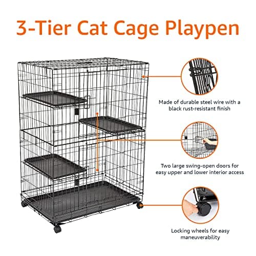 Amazon Basics Large 3-Tier Cat Durable,Pliable Cage Playpen Box Crate Kennel - 35.8"L x 22.4"W x 50.6"H, Black - Image 3