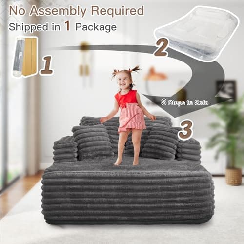 JEEOHEY 56"W Oversized Chaise Lounge Chair Indoor,Plush Faux Fur Sleeper Sofa Couch Bed with Pillows&Wide Armrest,Fluffy Comfy Cloud Sofa,Compression Foam Boneless Couch for Living Room,Bedroom(Grey) - Image 8