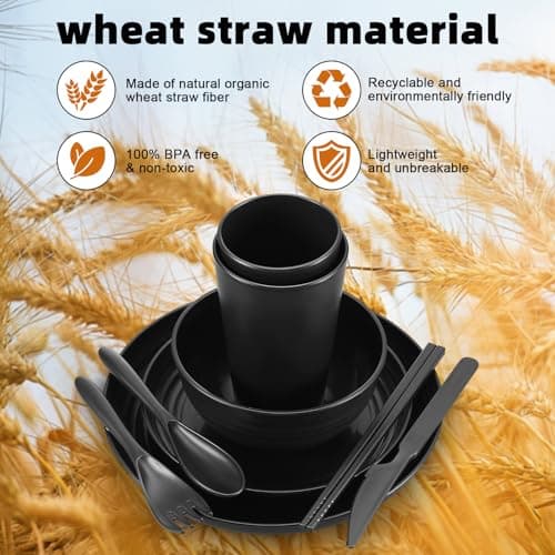72 Pcs Plates and Bowls Sets, Unbreakable Wheat Straw Dinnerware Set Service for 8, Plastic Dish Set, Reusable Plates Bowls Cups for Kitchen, Camping, Outdoor, Dorm Microwave & Dishwasher Safe, Black - Image 4