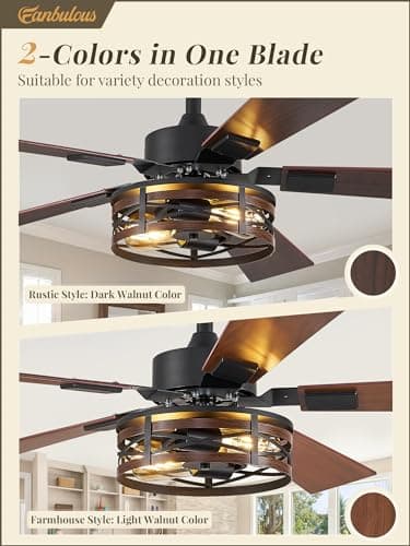 Farmhouse Ceiling Fans with Light, 48 Inch Bedroom Ceiling Fan with Lights, 6-Speed Adjustable, Quiet and Reversible DC Motor, Dual Finish 5 Blades, Rustic Caged Ceiling Fan for Living Room - Image 3