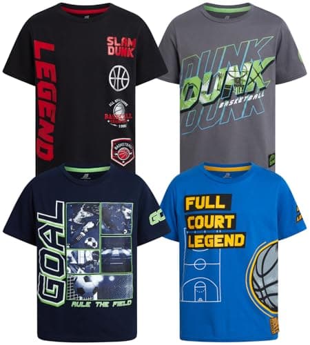 Pro Athlete Boys T Shirts - 4 Pack Performance Athletic Shirts for Boys - Crewneck Short Sleeve Graphic Tees (Size: 5-16), Size 14/16, Grey/Black/Blue/Navy