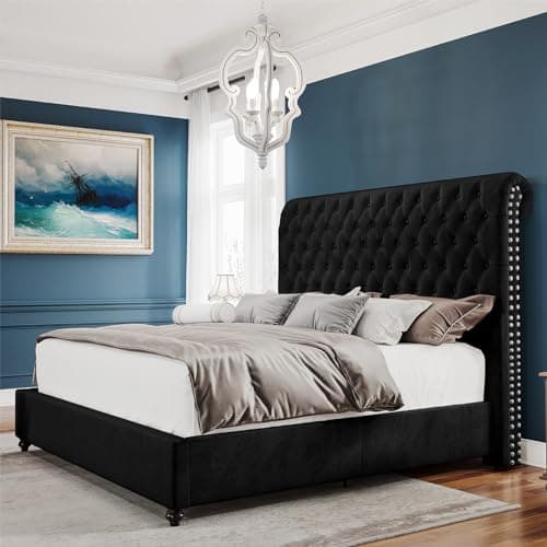 PaPaJet King Bed Frame Upholstered Platform Bed Frame with 52.8'' Tall Sleigh Headboard, Button Tufted, No Box Spring Needed, Easy Assembly, Black - Image 8
