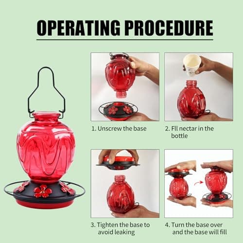 Glass Hummingbird Feeder for Outdoors Hanging, 24Ozs Humming Bird Nectar Feeder w/Perch, 5 Flower Feeding Ports, Leak Proof Base and Hook for Outside Garden Backyard Decor, Gifts for Women Mom, Red - Image 9