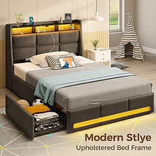 Rolanstar Twin Size Bed Frame with LED Lights and Charging Station, Upholstered Bed Storage Headboard & Drawers, Heavy Duty Wood Slats, Easy Assembly - Image 8