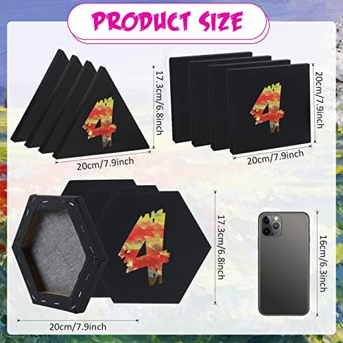 Epakh 12 Pcs Black Canvas for Painting Stretched Canvas Cotton Square Triangle Hexagon Blank Boards Panels Art with Frame Panel Stretched Boards for Oil Acrylic(8 Inch) - Image 2