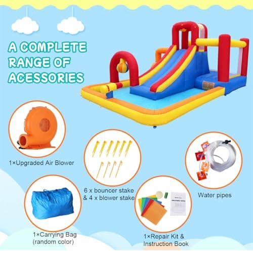 Hongcoral Inflatable Water Slide, 10 in 1 Water Park Bounce House with Blower, Splash Pool, 2 Slides, Water Cannon, Climbing Wall, Blow up Water Slides for Kids Outdoor Backyard - Image 7