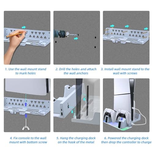 Mcbazel Wall Mount Kit with Charging Station Compatible with PS5/PS5 Slim, Dual Controller Charger, Headphone Hanger, Multi-Mode RGB Light - White - Image 7