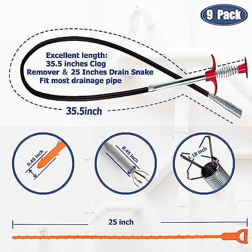 35.5inch Drain Clog Remover(1pcs), 25inch Drain Snake Hair Remover(6pcs) ＆ Cleaning Brush(2pcs), Hair Catcher Drain Auger Cleaner Tool Set For Toilet, Kitchen Sink, Bathroom Tub, Sewer, 9 Pack - Image 2