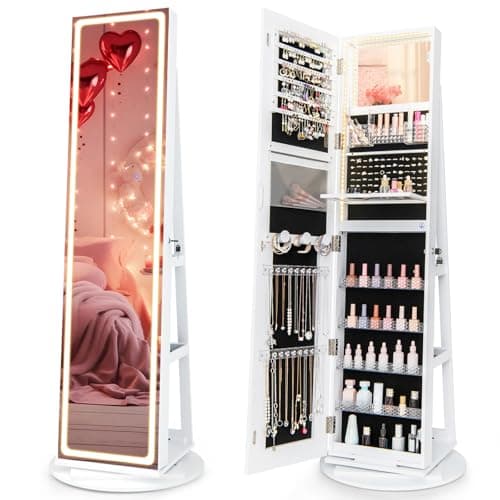 CHARMAID 360° Rotating Jewelry Armoire with LED Lighted Full Length Mirror & Built-in Vanity Mirror, Lockable Standing Jewelry Cabinet with Lights, Large Storage Organizer for Jewelry (White)