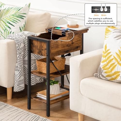 HOOBRO End Table with Charging Station, Narrow Side Table, Flip Top Nightstand with USB Ports and Outlets, Bedside Tables with Shelf for Small Spaces, Living Room, Rustic Brown BF341BZ01 - Image 4