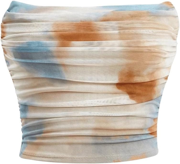 GORGLITTER Women's Strapless Bandeau Tube Tops Cute Summer Mesh Backless Ruched Going Out Crop Tops Cami 2025 Trendy Large Beige Milti - Image 2