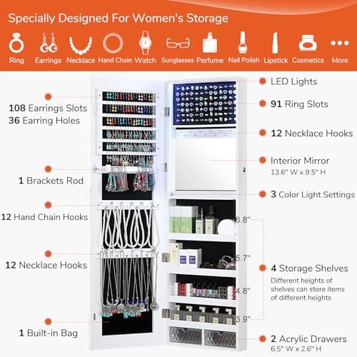 GISSAR Mirror Jewelry Cabinet, LED Lights Wall Mount Door Hanging Full Length Jewelry Organizer Armoire with Built-in Makeup Mirror and Jewelry Storage, Large Capacity Lockable Jewelry Armoire, White - Image 4