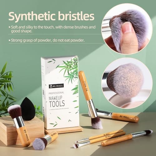 BS-MALL Makeup Brush Set 11Pcs Bamboo Synthetic Kabuki Brush Set Foundation Powder Blending Concealer Eye shadows Blush Cosmetics Brushes with Organizer Bag & Makeup Sponge (style, Count, 12) - Image 2