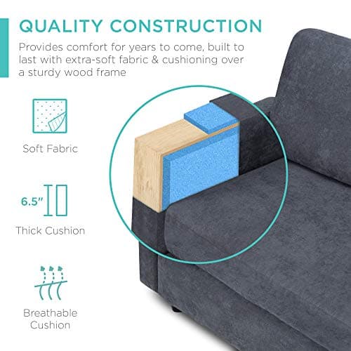 Best Choice Products Upholstered Sectional Sofa for Home, Apartment, Dorm, Bonus Room, Compact Spaces w/Chaise Lounge, 3-Seat, L-Shape Design, Reversible Ottoman Bench, 680lb Capacity - Blue/Gray - Image 6