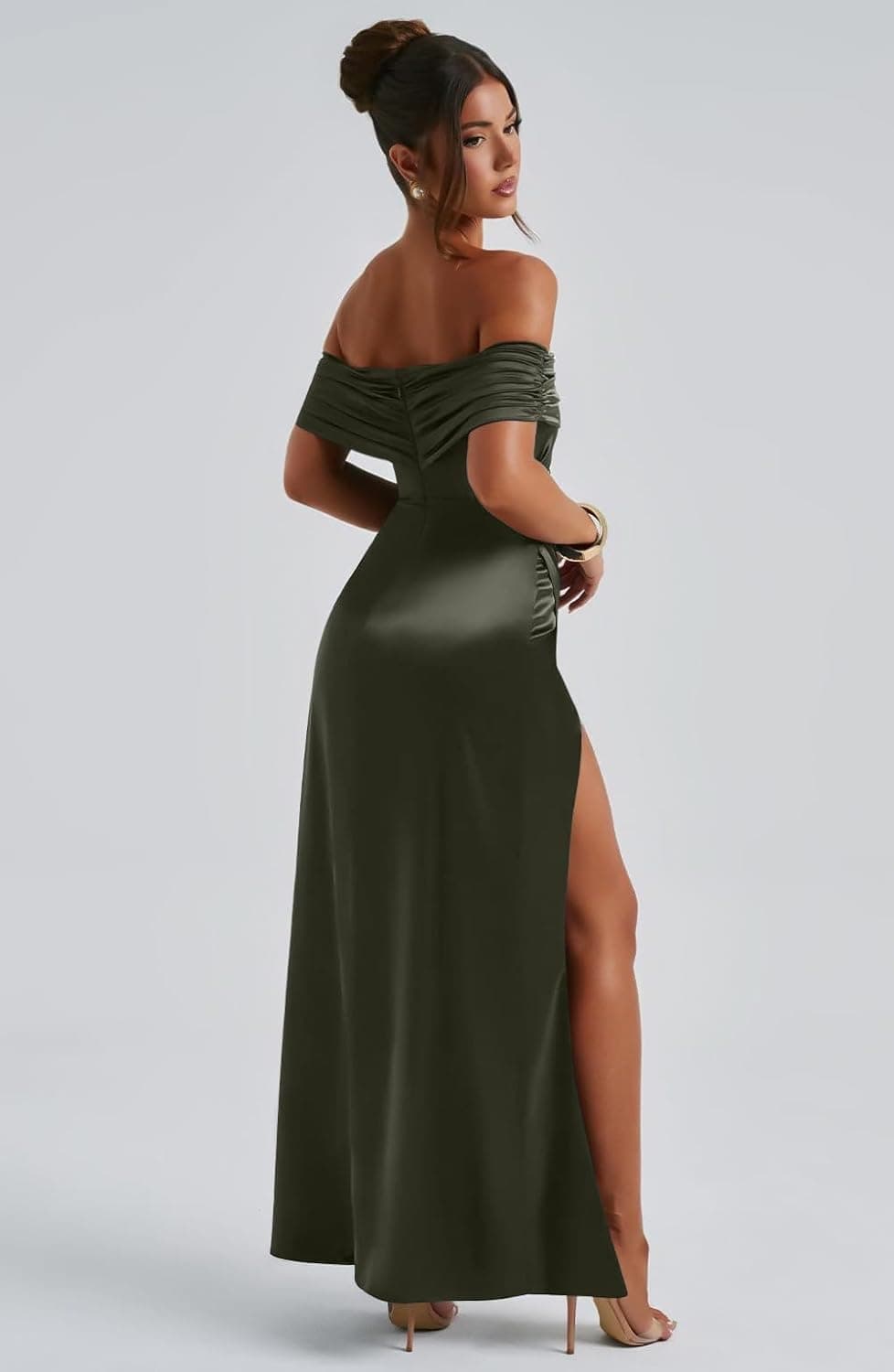 Memoriesea Women's Elegant Off Shoulder High Split Bodycon Evening Wedding Maxi Dress Army Green X-Large - Image 6
