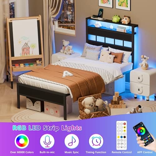 Furnulem Twin Bed Frames with Charging Station and LED Lights, Twin Size Platform Bed with Metal Slats, Wood Headboard with 2-Tier Storage Shelves, No Box Spring Needed, Black Oak - Image 3