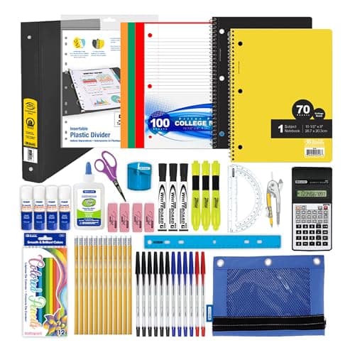 BAZIC Middle High School Kit Supply Box 65 Count for Student 7-12 Grades, Composition Book Compass, Color May Vary, 1-Pack
