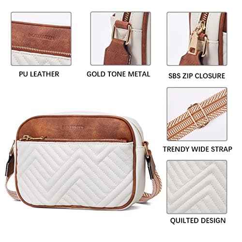 BOSTANTEN Quilted Crossbody Bags for Women Vegan Leather Purses Small Shoulder Handbags with Wide Strap Beige with Brown - Image 4