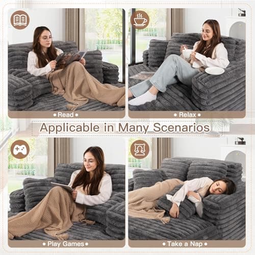 JEEOHEY 56"W Oversized Chaise Lounge Chair Indoor,Plush Faux Fur Sleeper Sofa Couch Bed with Pillows&Wide Armrest,Fluffy Comfy Cloud Sofa,Compression Foam Boneless Couch for Living Room,Bedroom(Grey) - Image 8