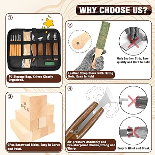 Wood Carving Kit, 23pcs Wood Carving Tools with 4 Wood Carving Knives 5 Detail Knives 9 Blocks, Whittling Kit DIY Hobbies for Adults - Image 3