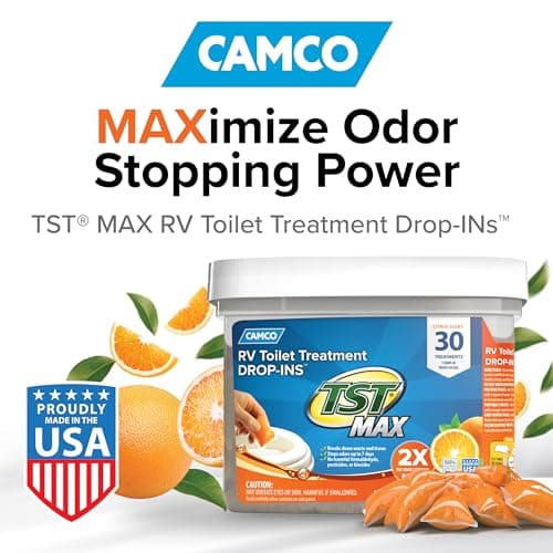 Camco TST MAX RV Toilet Treatment Drop-INs - Control Unwanted Odors & Break Down Waste and Tissue - Safe Septic Tank Treatment - Orange Scent, 30-Pack (41183) - Image 2