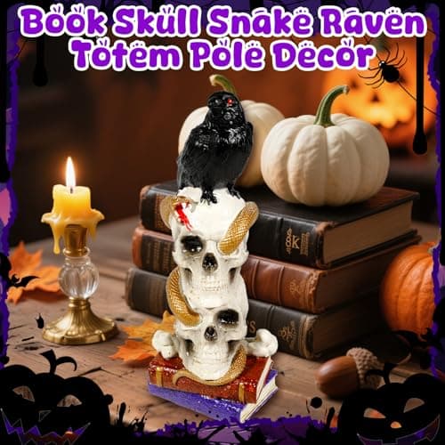 Wowagoga Halloween Resin Crow Skeleton Skull Head, Totem Pole Decor with Book Skull Snake Raven 8 Inch Tall Macabre Art Sculpture for Home Office - Image 3