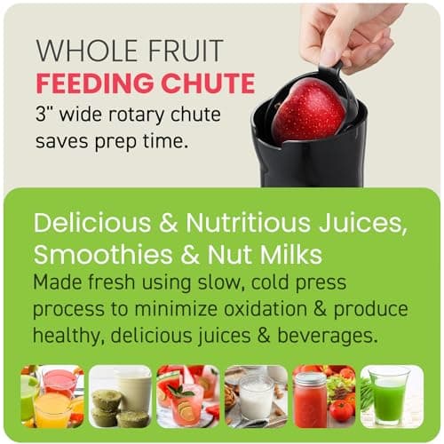 Elite Gourmet EJX017 Whole Fruit 3” Feeding Chute, Dynamic Masticating Slow Juicer, High Yield Cold Press Juice Extractor, Nutrient and Vitamin Dense, Easy to Clean, 27 oz Juice Cup, Black - Image 3