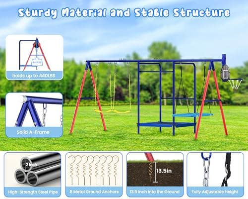 Swing Sets for Backyard, 5-in-1 Toddler Swing Set Outdoor for Backyard for Kids 3-12, Heavy Duty Extra Large Kids Metal Swing Set with 3 Swings Trampoline Basketball Hoop - Image 4