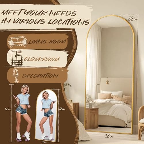 Full Length Mirror, 58"x18" Floor Mirror, Arch Floor Standing Mirror Freestanding Arch Full Body with Stand for Bedroom, Hanging Mounted for Living Room Cloakroom, Gold - Image 7