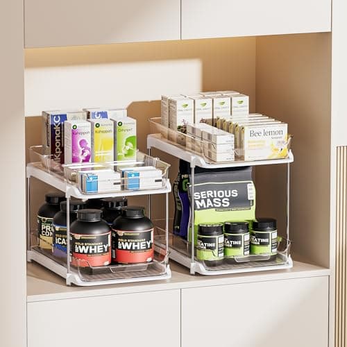 Delamu 2 Sets of 2-Tier Multi-Purpose Bathroom Under Sink Organizers and Storage, Stackable Kitchen Pantry Organization, Pull Out Medicine Cabinet Organizer with 8 Movable Dividers - Image 6