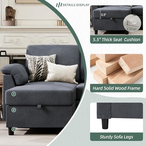 Vongrasig 79" Convertible Sectional Couches Sofa with Storage Ottoman, 3 Seat L Shaped Couch with Side Storage Pockage, Linen Fabric Small Couches for Living Room, Apartment and Small Space, Grey - Image 3