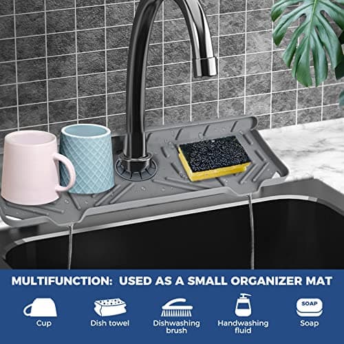 Silicone Faucet Handle Drip Catcher Tray Mat, Silicone Faucet Mat Dish Soap Sponge Holder for Kitchen Sink Accessories Gadgets, Drying Mat for Kitchen Counter Bathroom Kitchen Sink Splash Guard -Grey - Image 3