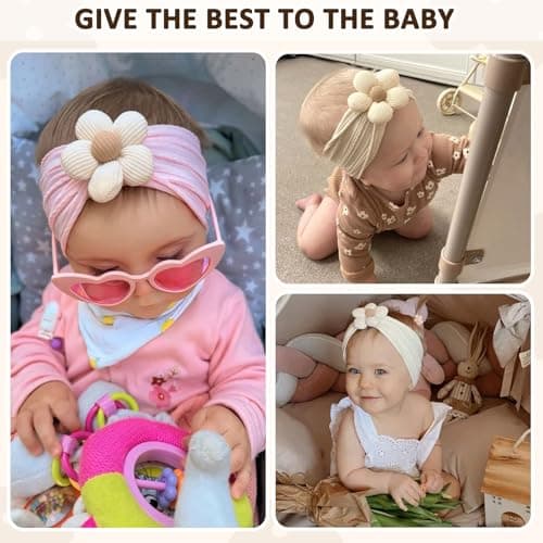 MIUXUESO 3 Pcs Baby Flower Headbands Baby Girls Nylon Headband Soft Hairbands Hair Accessories for Newborn Infant Toddler Kids (Beige Pink Khaki) - Image 3