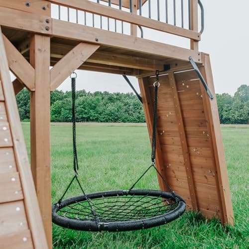 Backyard Discovery Sterling Point Cedar Wood Swing Set with Wave Slide, Raised Clubhouse, Wooden Bridge, Rock Wall, Belt Swings, Web Swing, Trapeze, Balcony, Climbing Wall, Ladder, Outdoor Playset - Image 5