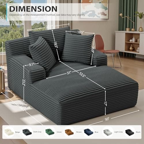 50 Inch Chaise Lounge Chair Indoor, Oversized Corduroy Upholstered Boneless Sofa Bed, Deep Seat Sleeper Couch Reading Chairs, Cloud Sofas Couches for Living Room, No Assembly Required (Dark Grey) - Image 2